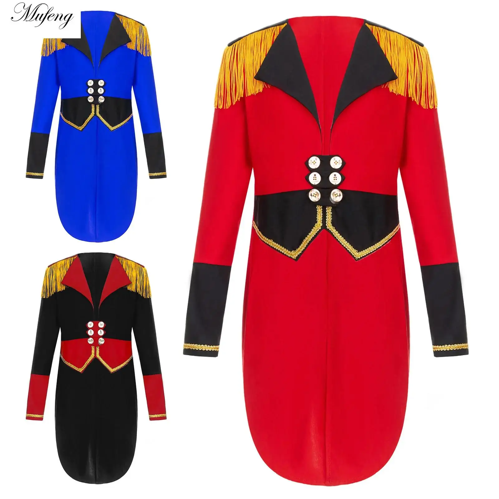 Kids Girls Circus Ringmaster Cosplay Costume Teen Long Sleeve Fringe Tassel Epaulet Tailcoat Halloween Party Gothic Jacket Coats