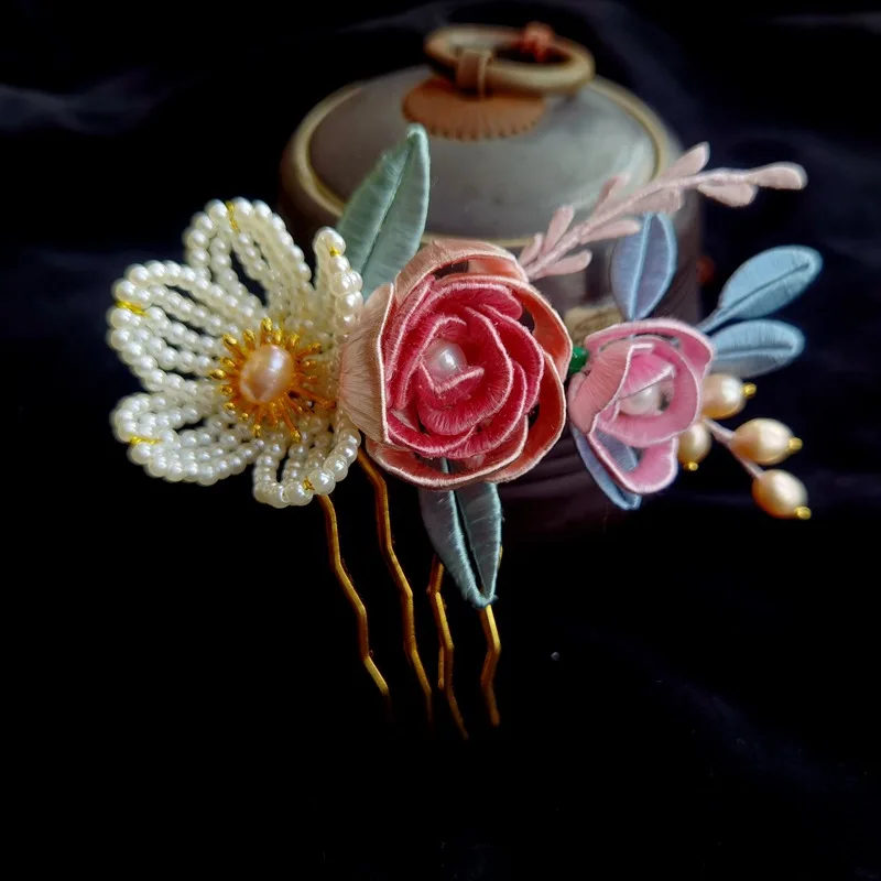 

Pure Handmade Retro Headdress Pink Wrapped Flower Hair Comb Embellishment Begonia Flower Hair Pin Palace Style Hairpin