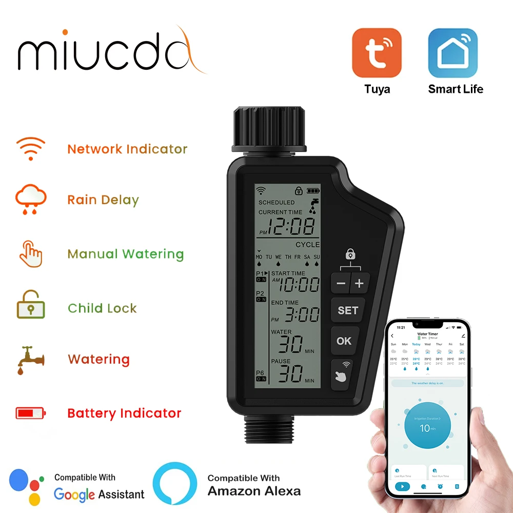 MIUCDA Tuya WIFI Smart Garden Watering Timer with Large LCD Display for Home & Outdoor Irrigation,Automatic Garden Watering Tool