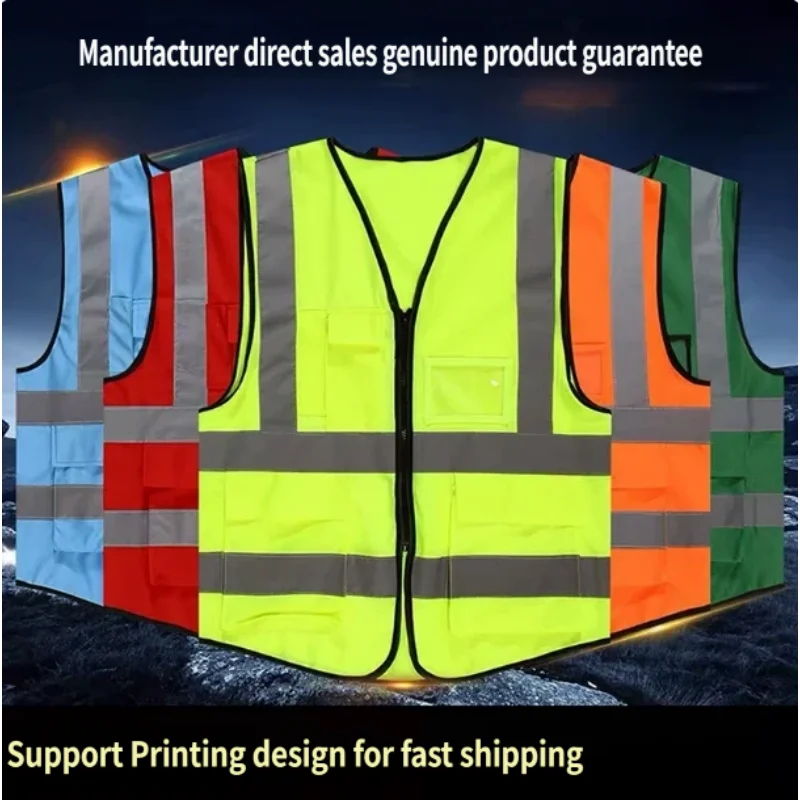 Printing LOGO Mesh Breathable Vest Work Hi Vi Uniform Pockets and Zipper Signal Workwear Construction Vest Luminous Tool Rider