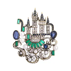 Vintage style castle alloy rhinestone brooch colorful diamond crystal pearl Badge