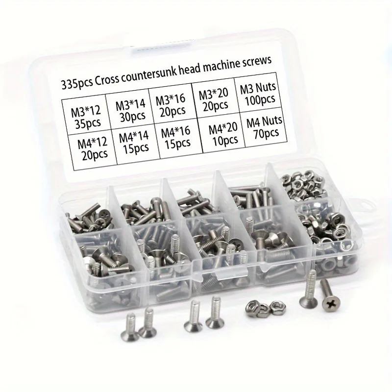 220/335pcs Stainless Steel Screw Kit (M3&M4): Phillips Countersink with Nuts, For Home/Workshop/DIY, Ideal Gift for Enthusiasts image 2