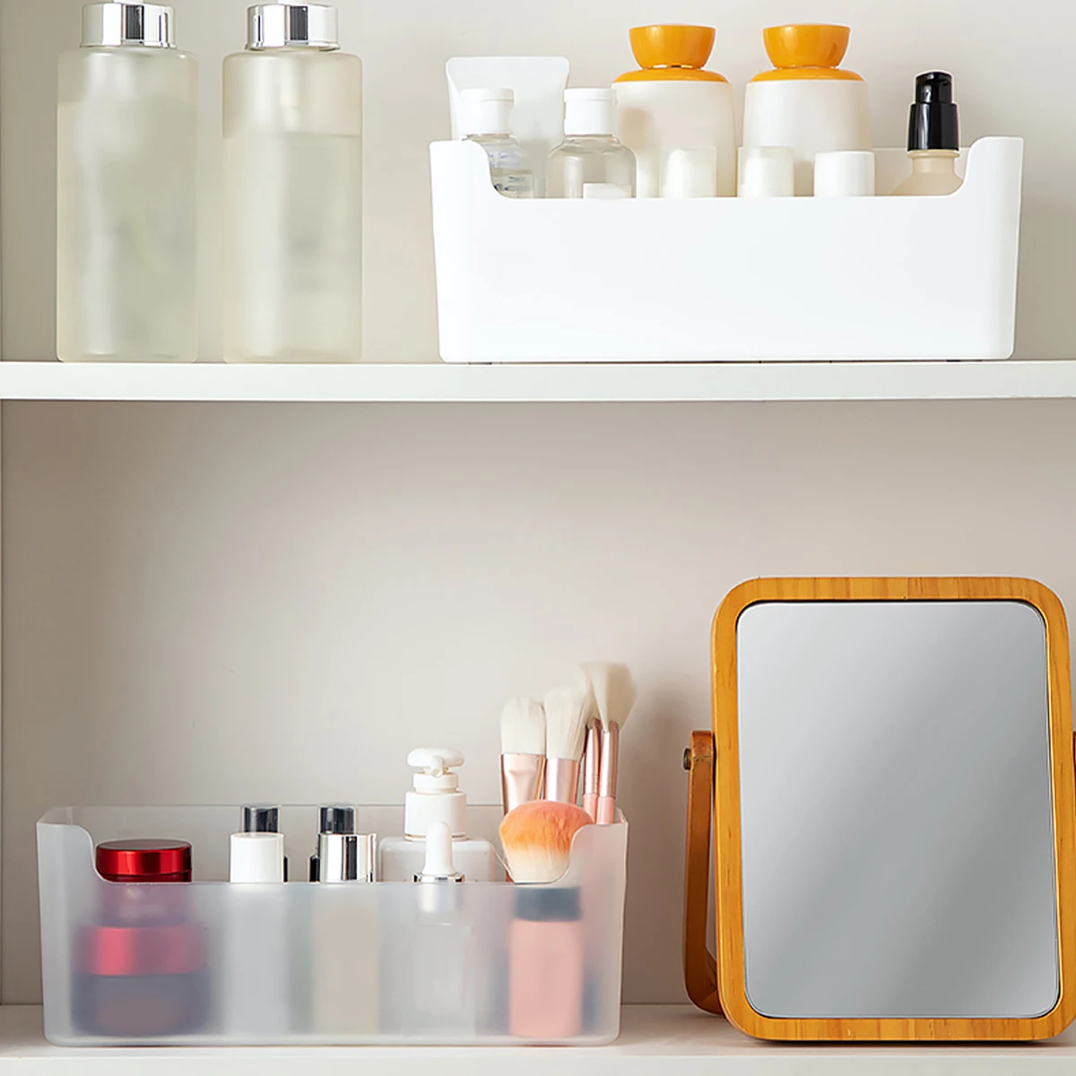 WORTHBUY Mirror Cabinet Wall Mounted Makeup Organizer Multipurpose Cosmetics Storage Box Plastic Case Punch Free Storage Rack