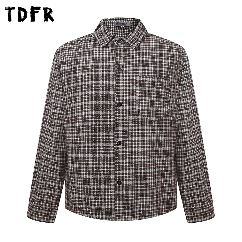 

Повседневные клетчатые рубашки в стиле ретро, мужские карманные осенние однобортные хлопковые рубашки в клетку с лацканами и длинными рукавами, мужская рубашка в клетку