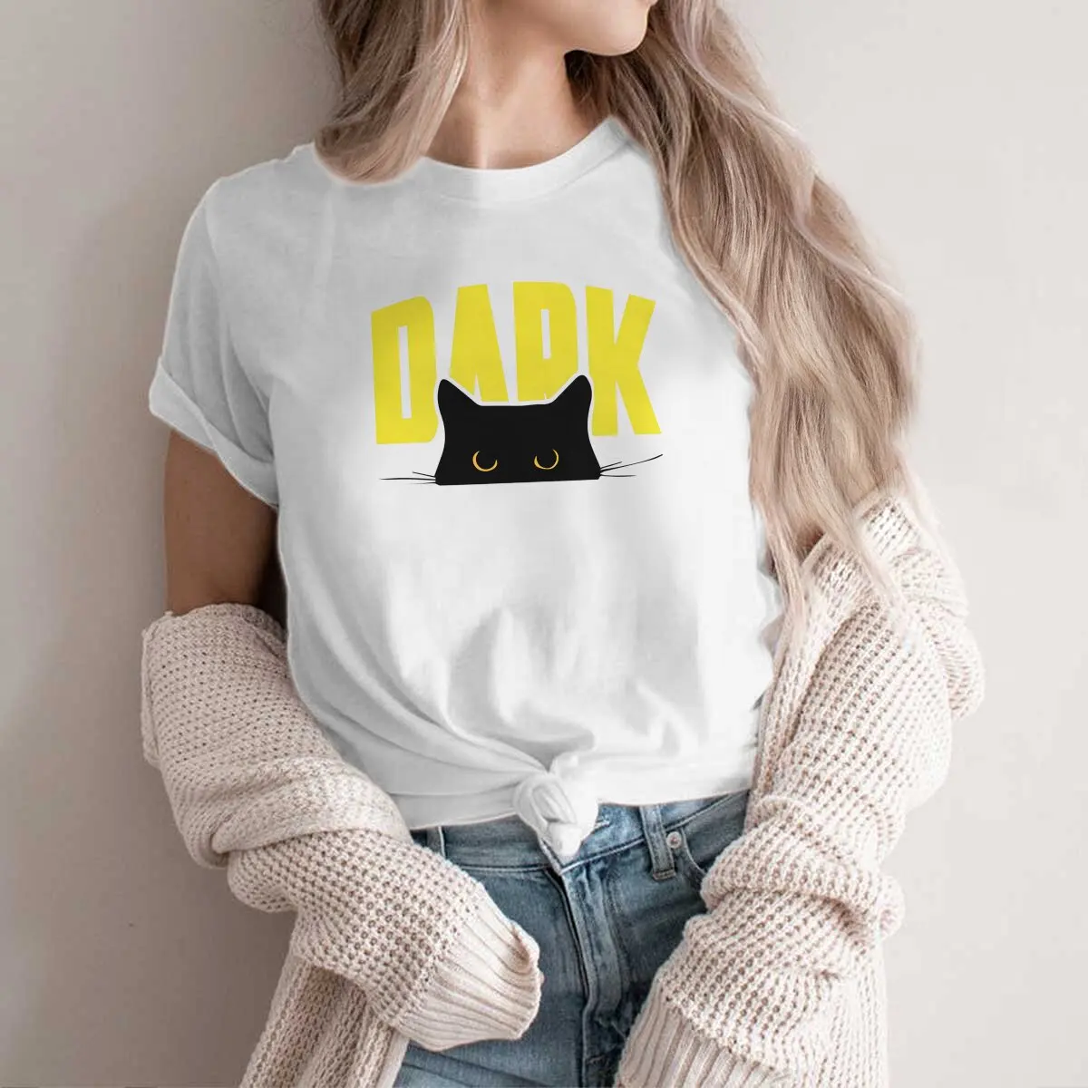 

Dark Graphic Polyester TShirt Black Cats Style Streetwear Leisure T Shirt Female