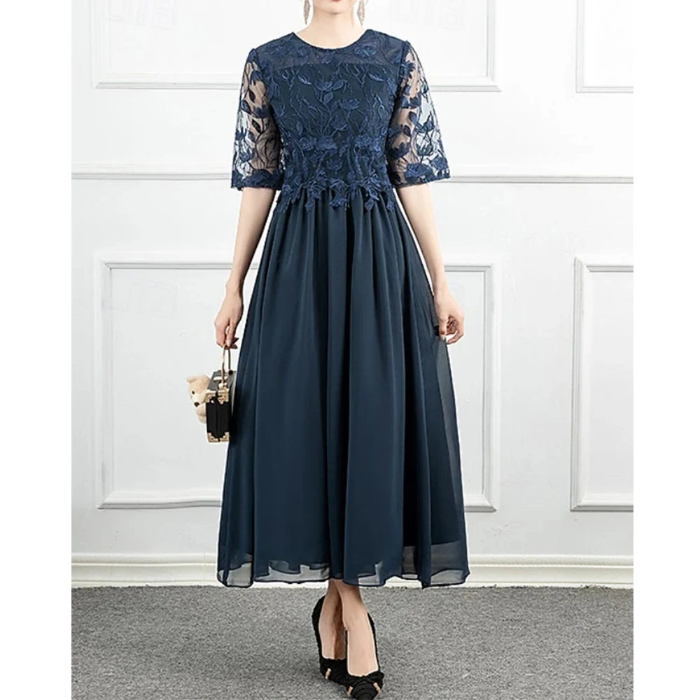 

Customized Elegant Midi Mother of the Bride Dresses Lace O-Neck Ankle-Length A-Line Wedding Guest Party Groom Dress 2025