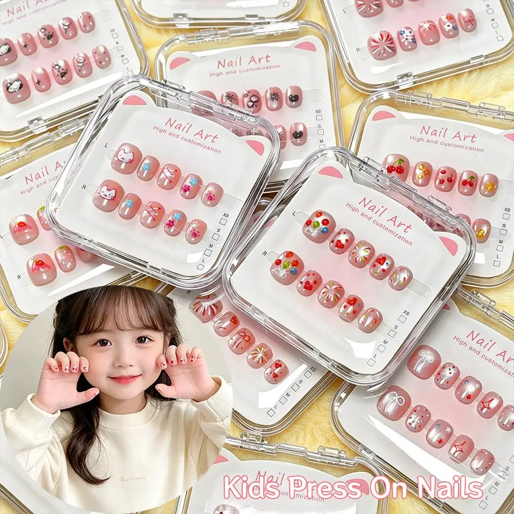 10Pcs Short Round Cat Eye Kid Press On Nails Nude Cartoon Cat Fruit Heart Cherry Print Pink Fake Nail for Children Birthday Gift