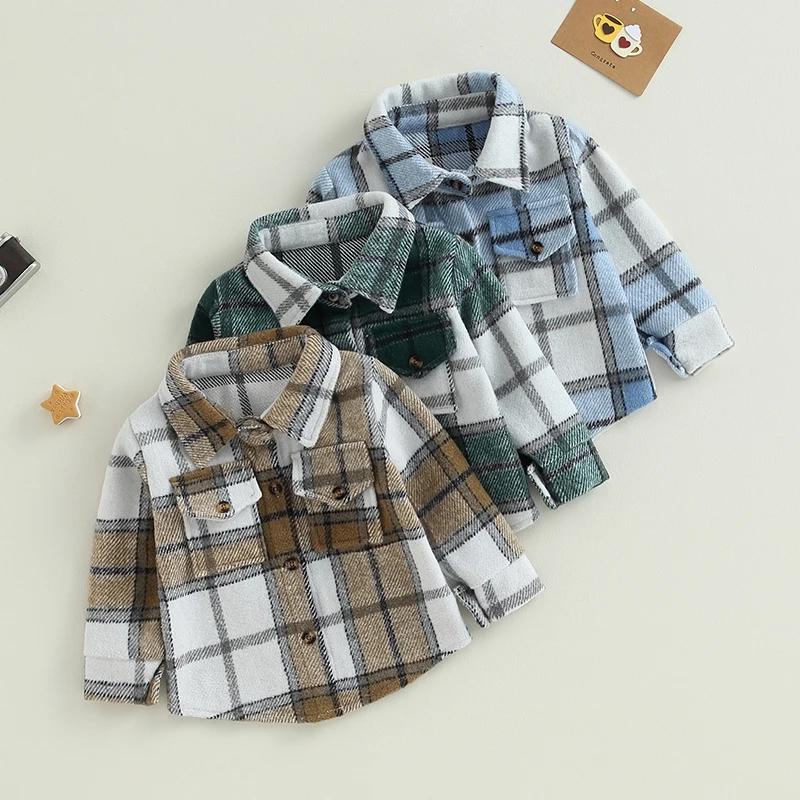 FOCUSNORM 0-6Y Autumn Toddler Boys Girls Jacket Outwear 3 Colors Long Sleeve Plaid Printed Button Down Coats