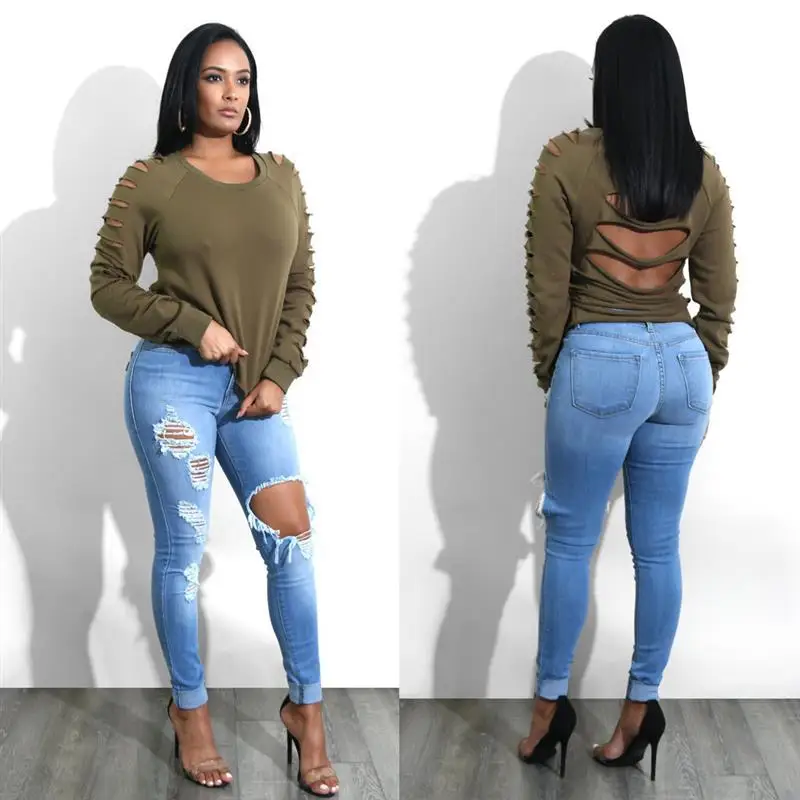 

Spring Fashion High Waist Skinny Jeans Women's Ripped Denim Pants Long Trousers Stylish Tight Fit Bootcut Jeans