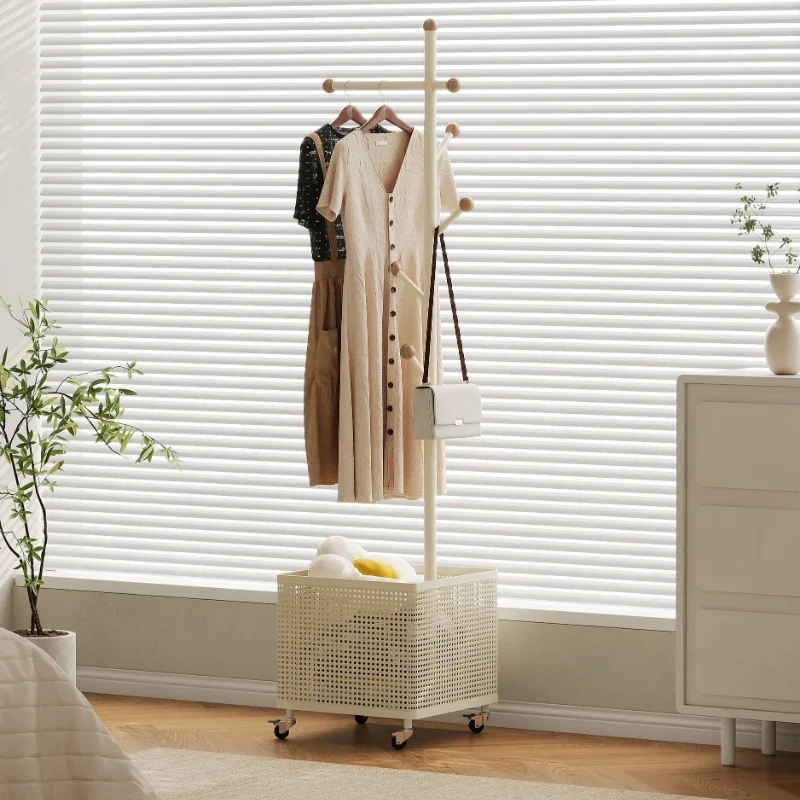 Cream Iron Clothing Rack Floor Standing Hat Hanger for Bedroom Spacious Home Storage Shelf Mobile Laundry Basket Organizer
