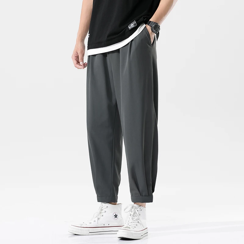 

Ice Silk Men's Casual Pants Thin Spor Nine-Tenths Loose Straight Leg Wide Leg Trousers Summer Faion Korean Sle