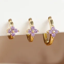 3PCS New Three Size Four Purple Zircon Flower Hoop Earring Set for Women Stainless Steel Circle Hoops Huggie Piercing Jewelry