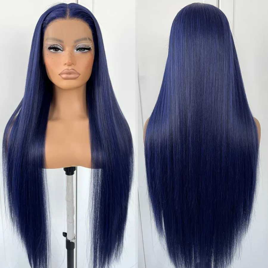 الأزرق مستقيم HD الدانتيل شعر مستعار أمامي PrePlucked غلويليس الاصطناعية الأزرق الداكن الدانتيل شعر مستعار أمامي للأزياء النساء الدانتيل الشفاف الجبهة