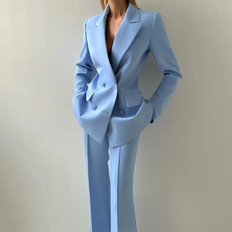 New Light Blue Emerald Violet Color Options Strapless Top Flare Pants Blazer Suit Temperament Commute Three Piece Women Outfit