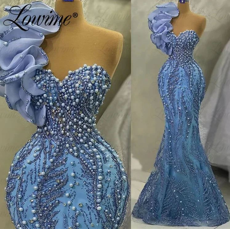 Arabic Blue Beaded Party Dresses Sweetheart Custom Made Crystal Mermaid Prom Dress Plus Size 2023 Vestido De Festa Evening Gowns