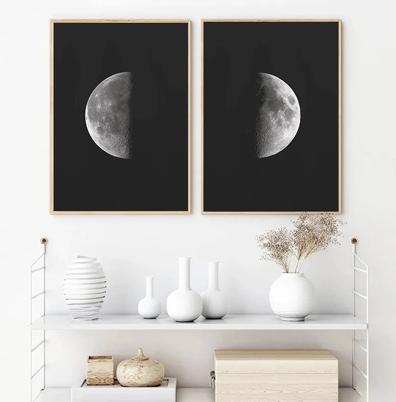 1pc frameless Canvas Painting Black and White Moon Phase Posters, Aesthetic Canvas Painting Prints,  Wall Picture for Living Roo