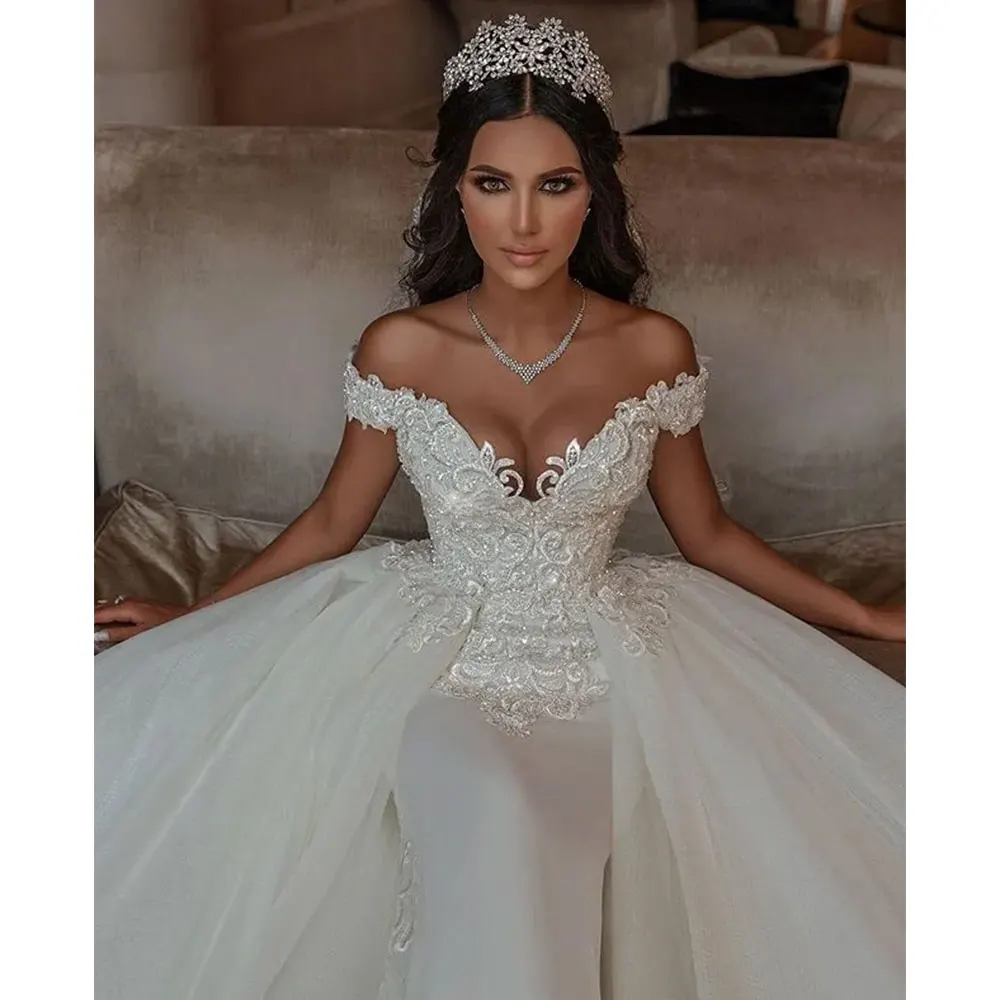 Robe de mariée sirène en dentelle pour femme, magnifique robe avec poignées, train amovible, perles appliquées, col en V, épaules dénudées, patients, quoi que ce soit, 2024