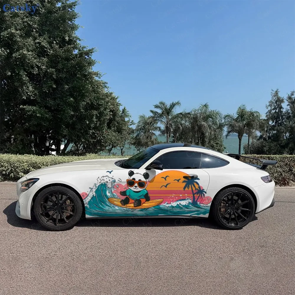2pcs Surfing Panda Pattern Pattern Stickers Car Body Door Side Two Fashionable Stickers Two Decorations Car Vinyl Wraps