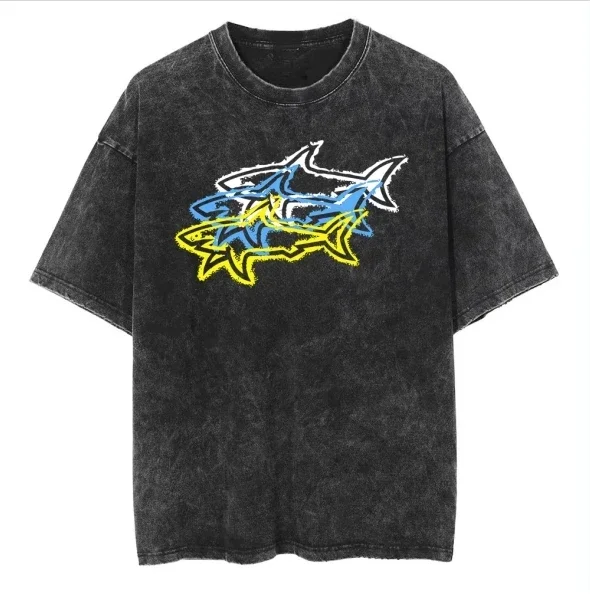 

2025 retro washed old heavy cotton solid color shark paul short-sleeved Tshirt summer loose top tide washed T-shirt