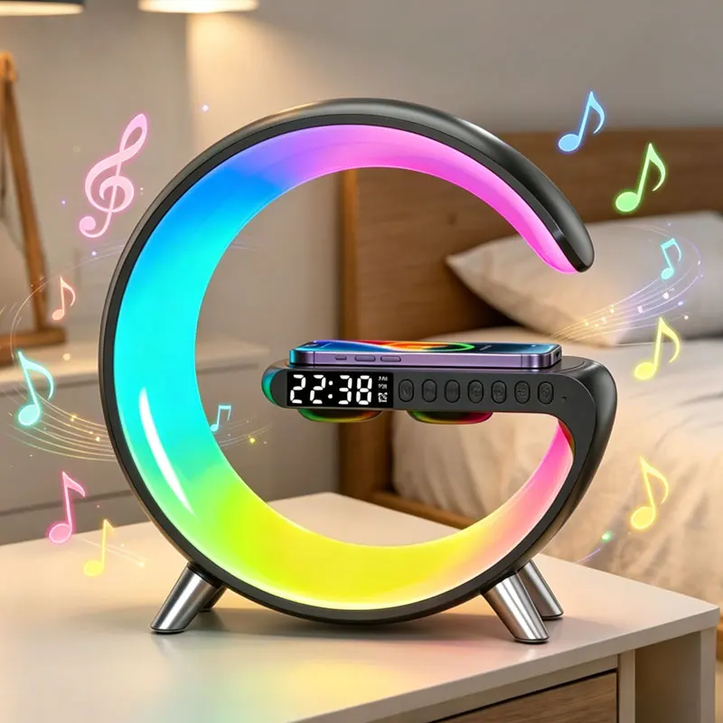 rgbライト付きワイヤレス充電ドック、bluetoothスピーカー、目覚まし時計搭載、iphone-17～12、samsung-s26-s25、xiaomi対応、急速充電ステーション