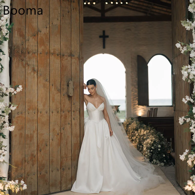 

Booma Simple A-Line Wedding Dresses Strapless Sleeveless Pleat Long Satin Brides Gown Custom Made 2025