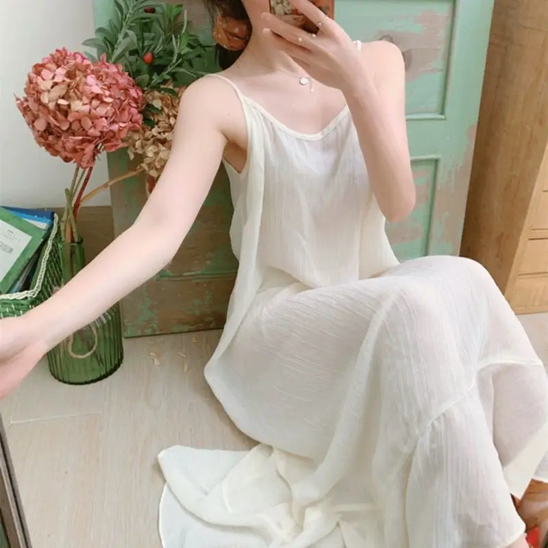 Summer 100% Cotton White Camisole Long Dress Women Oversize Casual Loose Basic Bottom Dress Female Comfortable Clothing X1284