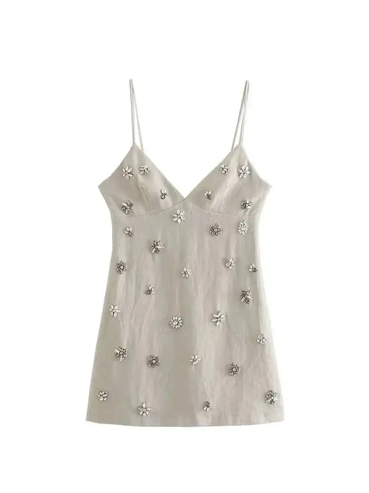 

Women Chic Fashion Sleeveless Lnlay Mini Dress Vintage Thin Straps Summer Female Dresses Vestidos Mujer