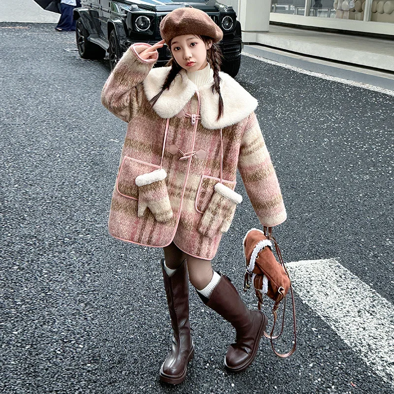 Meisjes Winter Tweed Jas 2024 Nieuwe Koreaanse Versie Losse Stijlvolle Geruite Revers Plus Lange Jas Koreaanse Eenvoudige Stijl Kleding