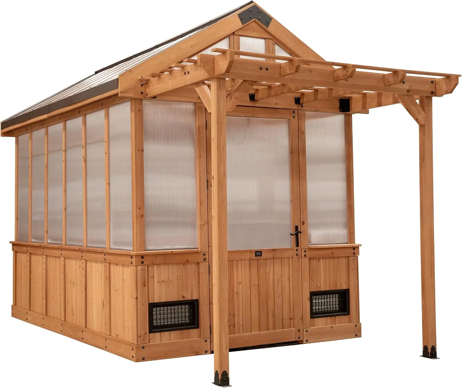 ^11' X 7' Cedar Wood And Polycarbonate Walk-in Greenhouse Kit With Pergola, Exhaust Fan, Windows, Hose Hook-ups, Powerport