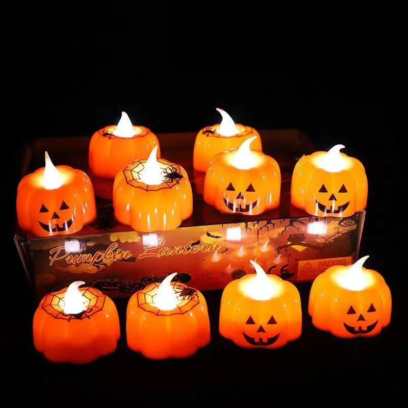 12/1x Mini LED Electronic Candle Lights Halloween Pumpkin Spider Web Lantern Flameless Flickering Candles Light Lamps Home Decor