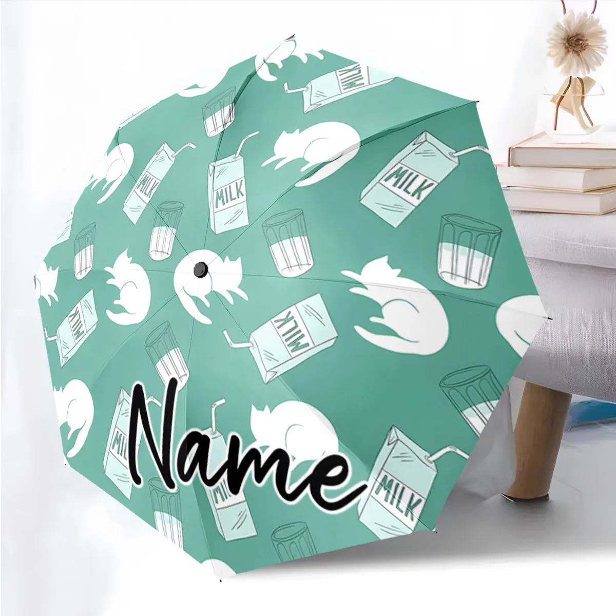 Custom Name Cute green umbrella with cat and milk carton design Print 8 Iron Ribs Folding Umbrella Auto-Open Fashion Sunshade