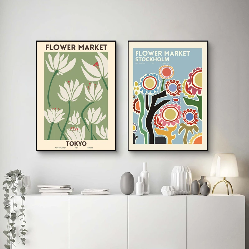 Nordic Small Fresh Retro Plants And Flowers Market Bologna Tokyo Wall Canvas Posters Painting Poster For Living Room Home Decor