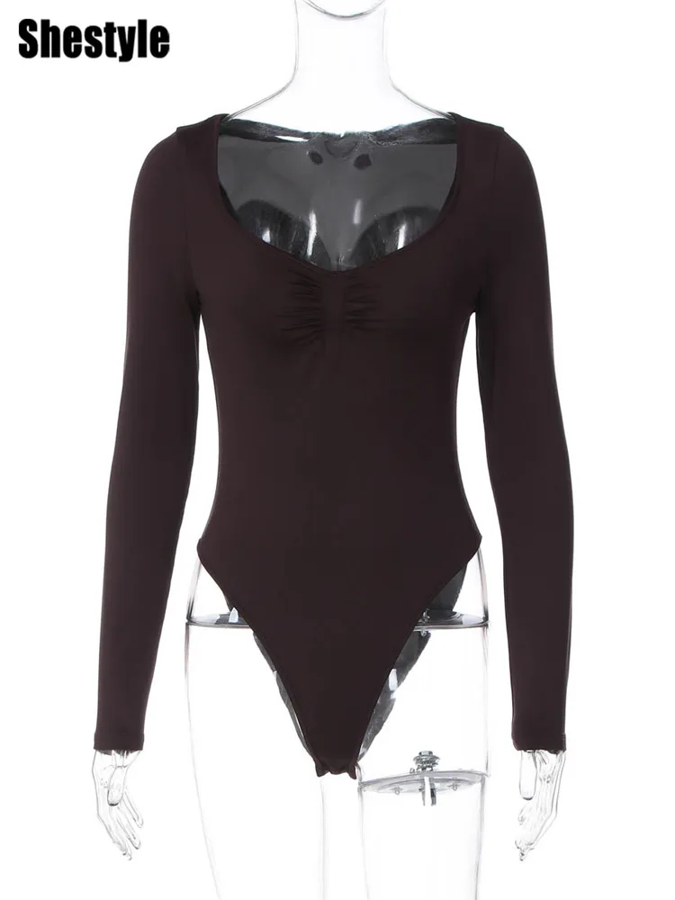 Shestyle ساحة الرقبة الصلبة البني ارتداءها المرأة عالية الخصر طويلة الأكمام زر المنخفضة قطع الأساسية أعلى الشتاء الربيع Bodycon عارضة #6