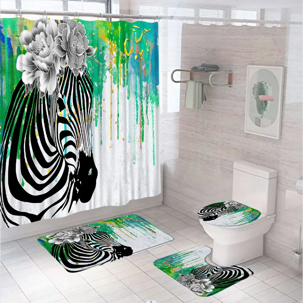 

Zebra Shower Curtain Set Watercolor Flower Black White Animal Leopard Wildlife Fabric Bathroom Curtain Bath Mat Rug Toilet Cover