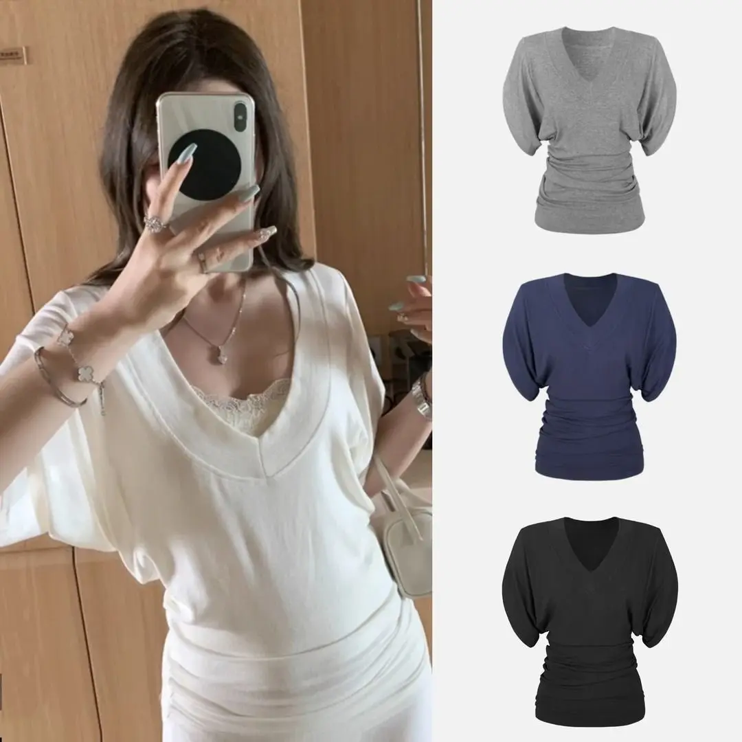 

Свободная футболка с v-образным вырезом и короткими рукавами в ленивом стиле, женская базовая накидка с рукавами «летучая мышь» + кружевная спинка, комплект из двух предметов для женщин