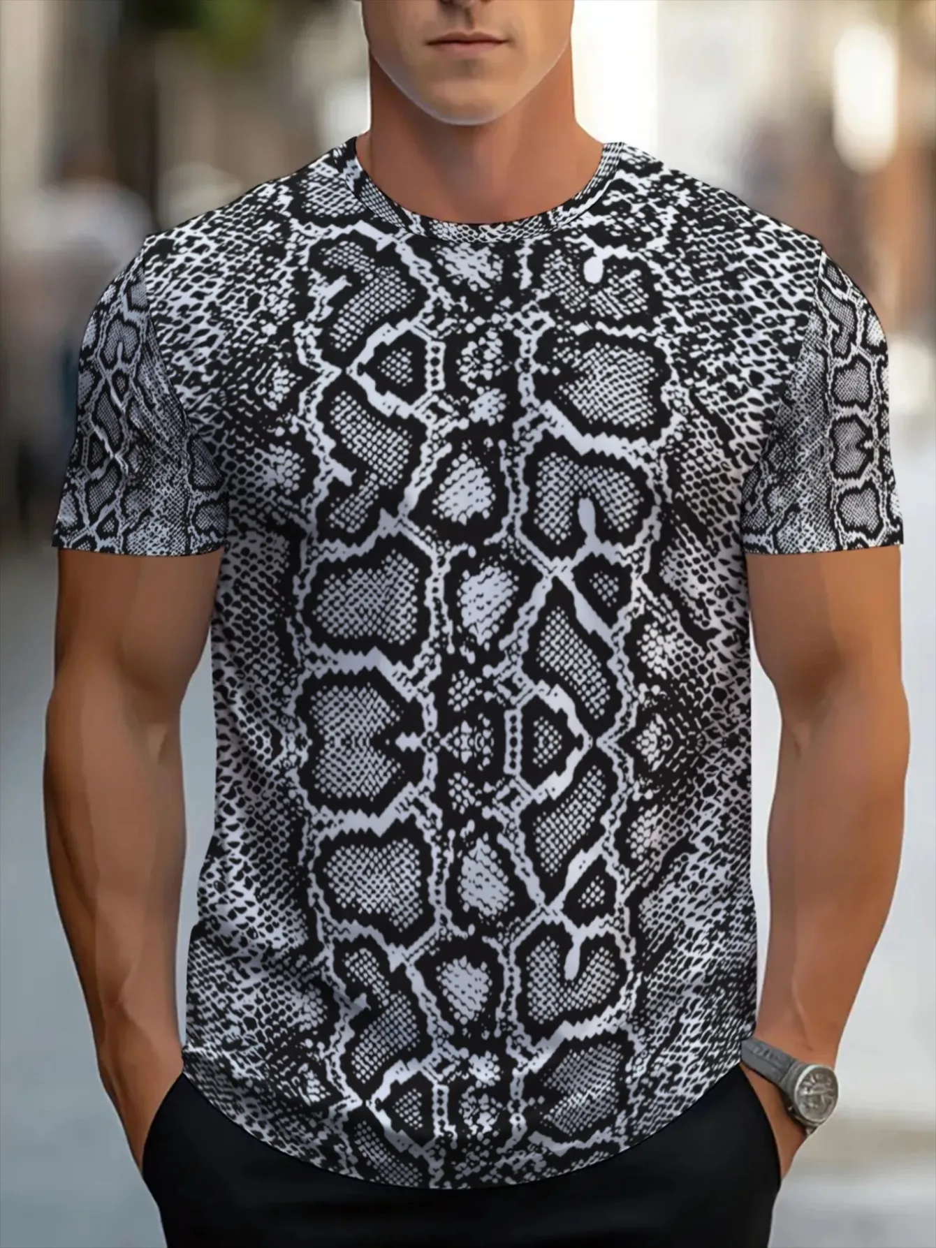 Men 3D Print T-Shirt Black White Snake Skin Print O Neck Short Sleeve Breathable Summer Streetwear Tee
