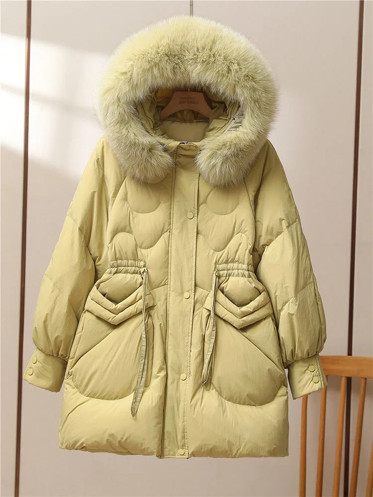 

2023 New Women Down Jacket Winter Coat Female Mid Length Version Parkas Loose Thick Warm Outwear Hooded Fox Fur Collar Overcoat