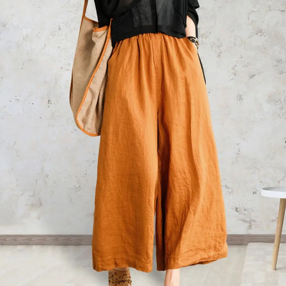 Women Summer Spring Pants Wide Leg Oversized Straight Solid Color Elastic Waist Match Top Pockets Deep Crotch Lady Ninth Pants