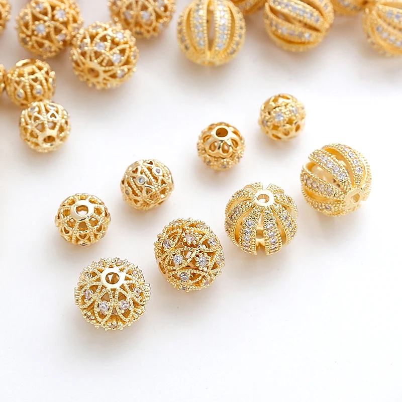 Copper Plated with Genuine Gold Zircon Inlaid Hollow Circular Partition Beads DIY Manufacturing Fashion Jewelry Accessories