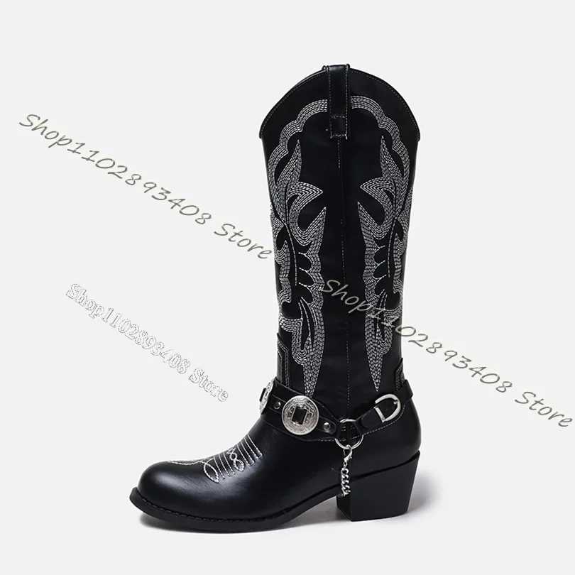 Schwarze Kette Dekor Cowboys tiefel Nähen Totem dicke Absätze runde Zehen Retro-Stil Stiefel Slip on Herbst Frauen Schuhe Zapatos Para Mujere