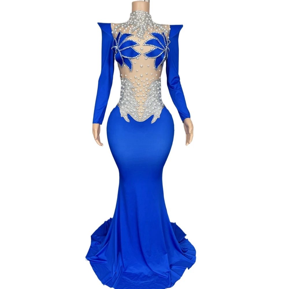 

Sparkly Rhinestones Pearls Long Dress Women Sexy Evening Prom Wedding Celebrate Birthday Dress Photo Shoot Wear Stage Costume