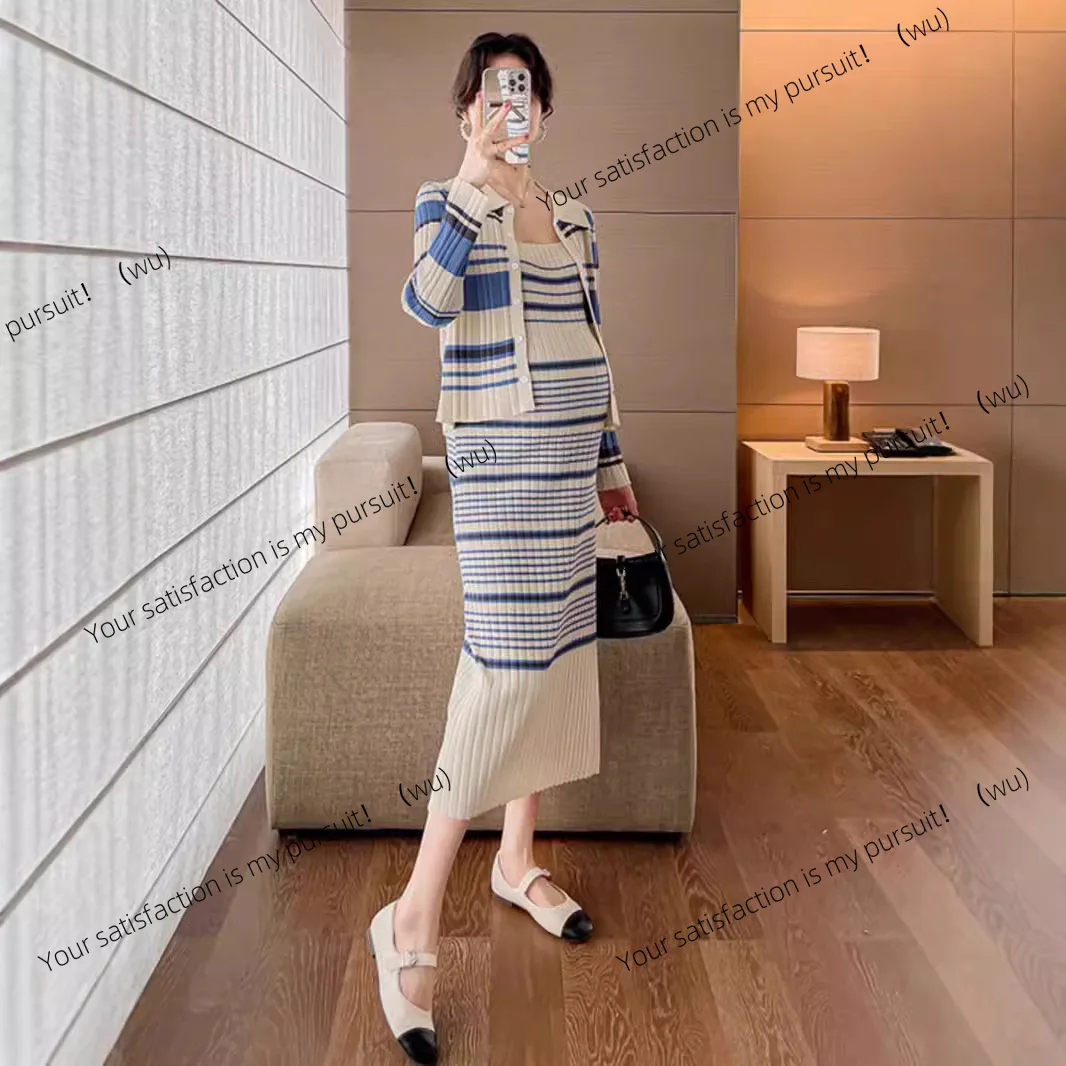 Pakaian hamil musim semi dan musim gugur bergaris gaya harum ringan kardigan tipis gaun rajut setelan dua potong musim gugur