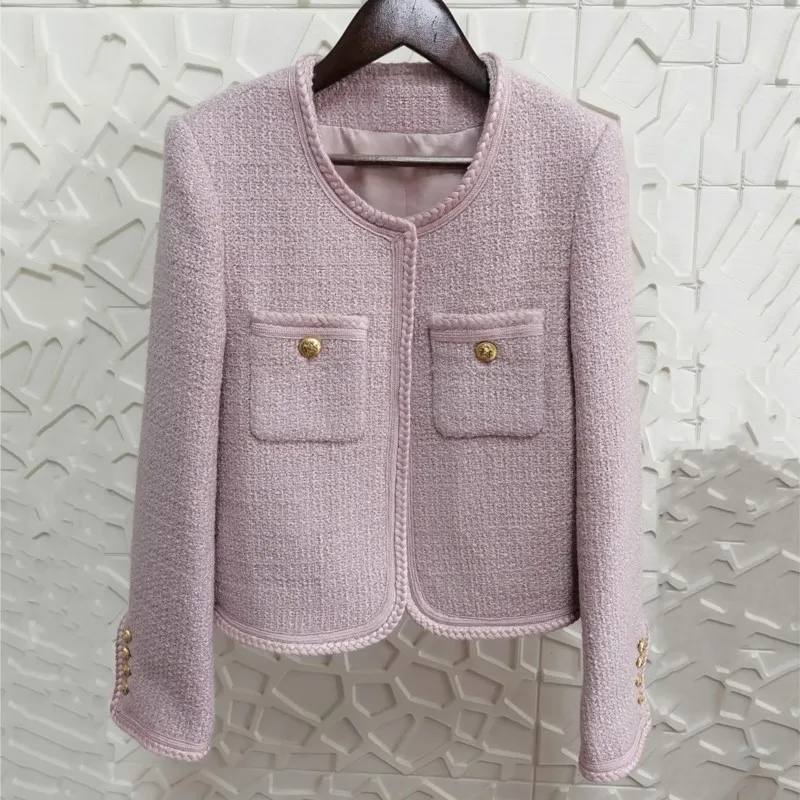 Jaqueta feminina de tweed rosa, jaqueta de lã com gola redonda curta, estilo fragrância pequena, roupas de outono e inverno