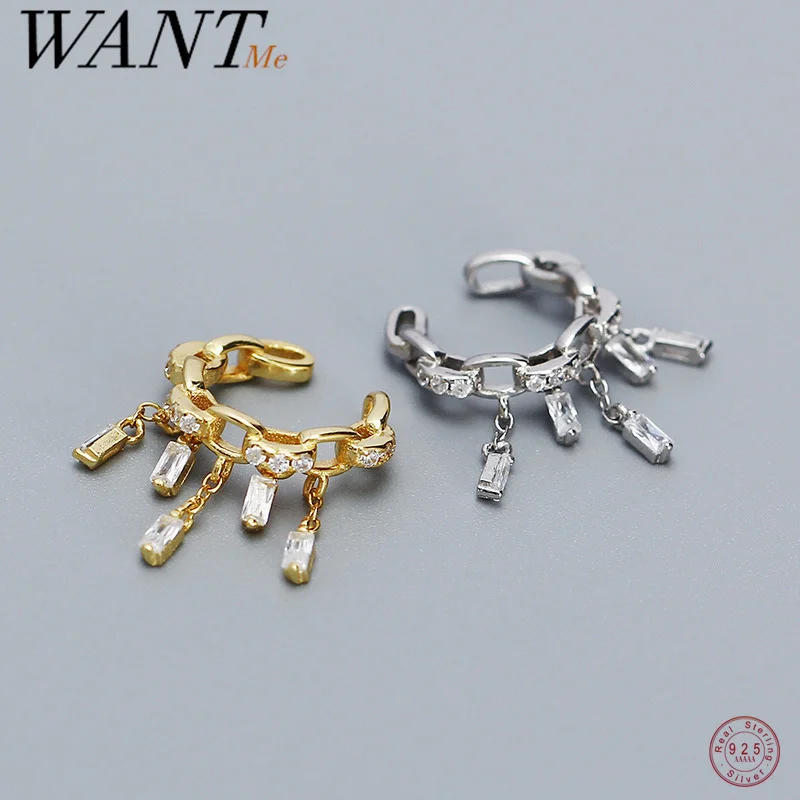 

WANTME 925 Sterling Silver Bohemian Luxury Zircon Tassel Chain Ear Clip Earrings for Men Women Hip Hop No Piercing Party Jewelry