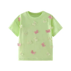 Jumping Meters 3-8T Animals Summer Girls Tshirts Butterflies Applique Short Sleeve Baby Clothes Embroidery Children's Tees