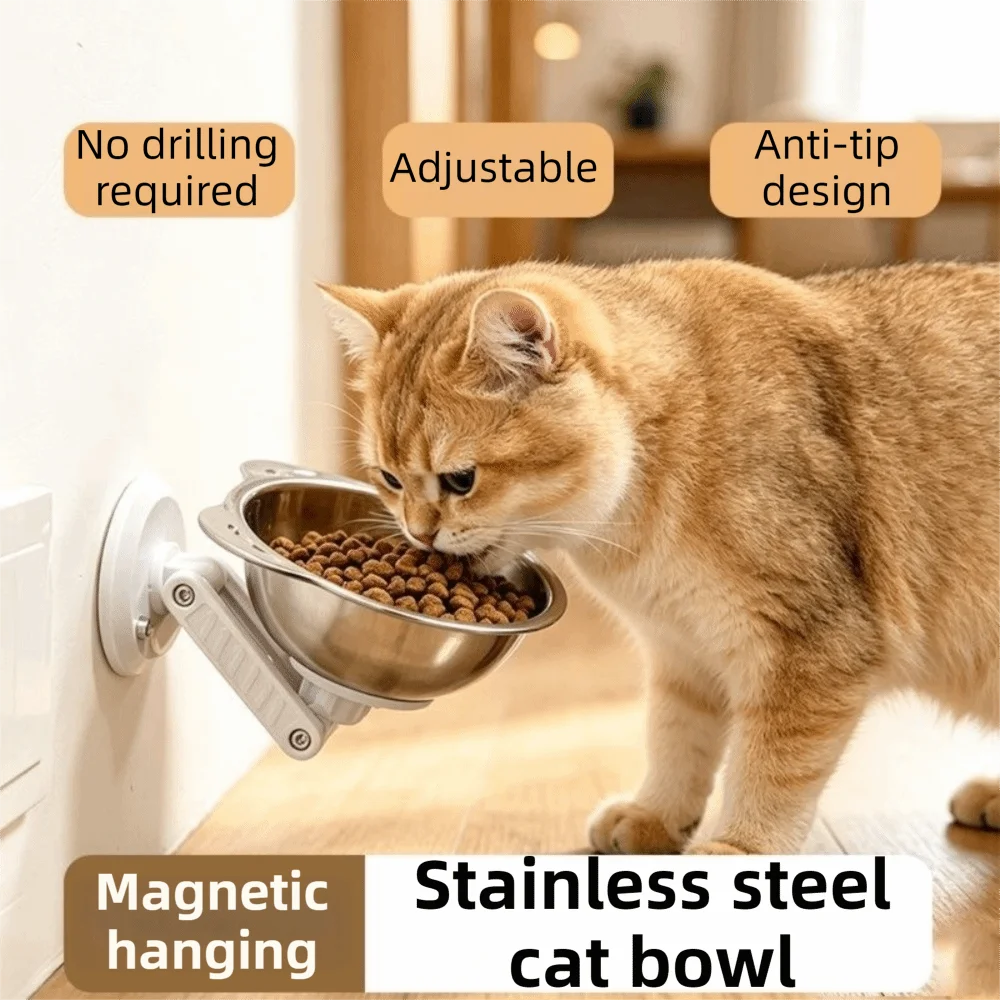 Stainless Steel Magnetic Cat Bowl Space Saving Height Adjustable Wall Mounted Dog Bowl No-Drill Leak-Proof Cat Food Bowl