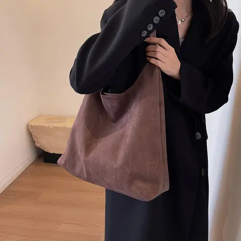 여성용 빈티지 스웨이드 숄더백, 단색 심플 토트 핸드백, 대용량 걸쇠 클로저, 레트로 호보백, 가을