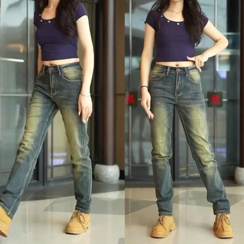 

Mens Casual Straight Leg Jeans Yellow Mud Color Vintage American Style Wear Resistant Comfortable Fit Autumn Season Wear