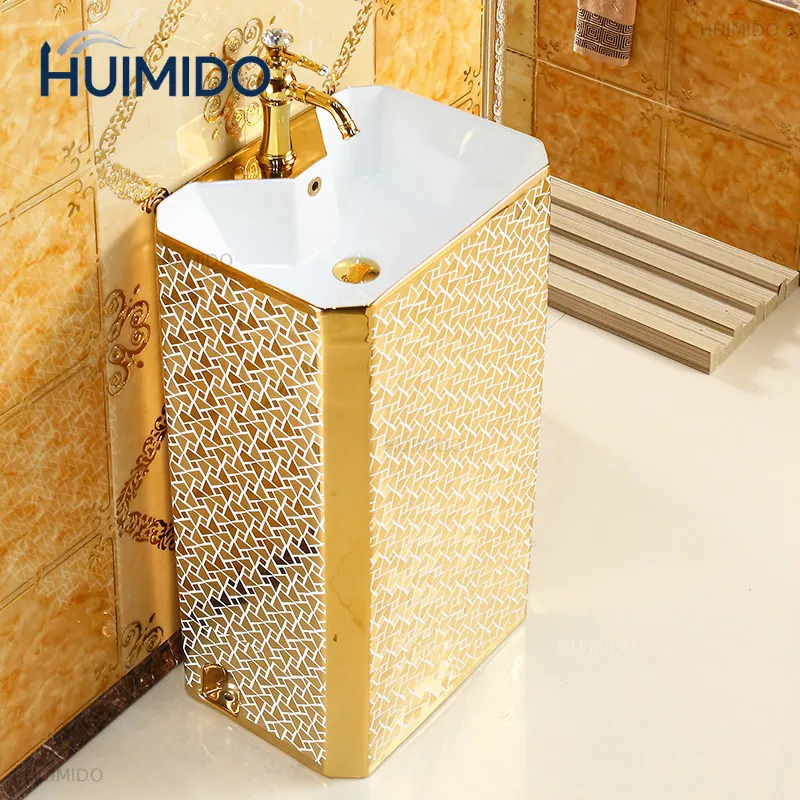 European column basin integrated wash basin hotel column washbasin ceramic gold pillar basin
