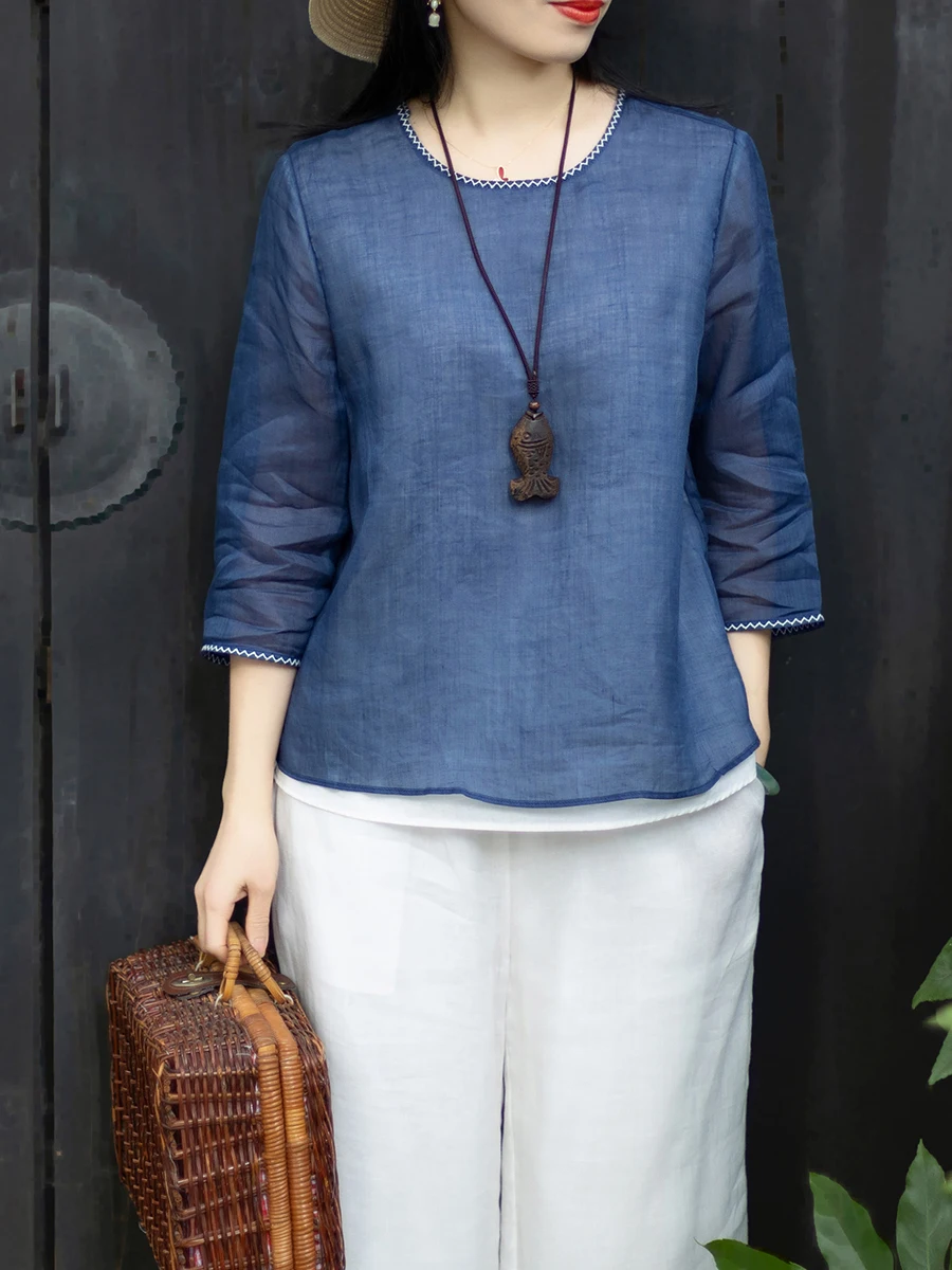 

Женская рубашка Jiangnan Pure Color из конопляной ткани с круглым вырезом и средними рукавами, простой дизайн, двухслойная, художественная, универсальная, прямого кроя.